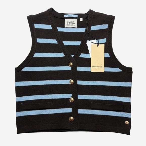 Scotch & Soda Tops - NWT Scotch & Soda Striped Knit Vest Hot Fudge Cerulean Gold Button M Cropped